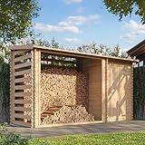 TIMBELA M205 Holz-Geräteschuppen 344x146x199 cm – Gartenhaus mit Brennholzregal, wasserfestem Dach, 3.64 m²