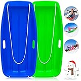AKLIFFE Schneeschlitten Kunststoffrodel mit 2 Schlittenleine, 89 cm Bob Schlitten zum Rodeln mit Handgriffe für Unisex Kinder Erwachsene Wintersport (Blau+Grün)