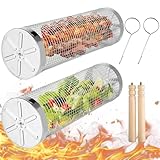 Rollender Grillkorb für Gemüse & Fleisch – 2 Stück Edelstahl 304 BBQ Zubehör mit Abnehmbarem Holzgriff, Zylindrischer Grillkorb mit Geschlossenen Enden für Camping, Outdoor & Gartenpartys