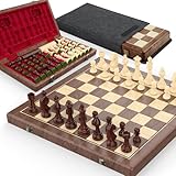 Premium 38 cm Walnuss Magnetisches Schach- und Dame-Set – 2-in-1 Faltbares Holzbrettspiel mit Staunton Figuren, 2 Extra Damen, Spielsteinen und Staubschutzbeutel (Red)