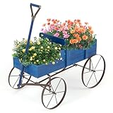 HOMASIS Blumenwagen Holz, Blumenkarre mit 4 Metall Rädern, Griff & 2 Fächern, Blumenständer Holzwagen Pflanzschubkarre, Blumenkasten Gartendeko für Garten Balkon Terasse, 62x34x60cm (Blau)