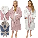 CalmyLIFE Bademantel Kinder Mädchen Jungen - mit Wendefunktion und Kapuze Teenager kuschelige Bademäntel für Jungs Kinderbademantel (158/164 Altrose/Weiss)