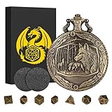 Mini DND Würfel Set mit Steampunk Wolf, Taschenuhrgehäuse, 7-teiliges Polyedrisches Metall D&D Würfel Set, DND Geschenke mit Geschenkbox für Spieler, Rollenspiel Brettspiel Zubehör, Bronze
