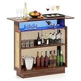 LIFEZEAL Bartisch Holz, Hausbar Theke Bar mit LED-Beleuchtung, Küchenregal Rattan mit Gläserhalter & Regal, Bistrotisch Stehtisch Bartresen Industrie-Design, 55 x 120 x 110 cm