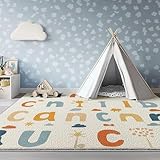 AUWUUA Teppich Kinderbuch Alphabet-Poster 250x300cm Einfaches Cartoon Teppich Kinderzimmer Schlafzimmer Mädchen Jungs, Weich Kurzflor rutschfest Waschbar Fußmatte Innen, Cremefarben