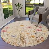 Teppichläufer mit botanischer Wildblume, rund, 1,5 m, waschbar, für Schlafzimmer, Küche, Bad, Wohn-/Ess-/Waschküche, Büro, Bereich und Teppich, große Badetür, Bodenmatte, Retro, Frühlingsblumenkräuter