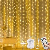 Vicloon LED Lichtervorhang, 3M*3M 300 LEDs 2 in 1 USB &Batterie Vorhanglichter mit Fernbedienung, IP65 Wasserfest, 8 Modi Vorhang Lichterkette, LED Lichterkettenvorhang für Weihnachten-Warmweiß