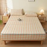 JIALIANG Gesteppte Matratzenauflage 200 x 200 cm + 30 cm orange Spannbettlaken aus Jersey Baumwolle Auch für Boxspringbett