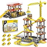 LumenVela Parkhaus für Kinder, 142 PCS Parkgarage 3 Etage Autogarage Kinder mit 2 Etage Tankstelle, 6 Autos, Kran, Drehbahn Garage Spielzeug Geschenk für 4 5 6 7 8 9 10 Jahre