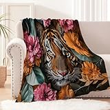 JSCWDET Tierillustration Kuscheldecke Flanell Decke,Kinderdecke 3D Tiger Blumen Flauschige Plüsch Decke,Wohndecke Fleecedecke TV Decken für Bett Sofa 70 × 100 cm