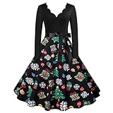 Weihnachtskleid Damen, Weihnachts Cocktailkleid, Weihnachts Swing Kleid, A-Linie Hohe Taille Christmas Dress Women Langarm Mit Weihnachtsmann Muster Weihnachtskleid Weihnachts Große Größen Kleid