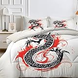Japanischer Drache Bettdecke 135x200, Wende Drachen Steppdecke, Schwarzer Drache Bettdecken, 4 Jahreszeiten Bettdecke Ohne Bezug Waschbar, Weiche Warme Ganzjahresdecke mit 2 Kissenbezug AW-552