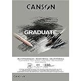 CANSON Graduate, Mixed Media Papier, zweiseitig: gekörnt und glatt, 220 g/m², an der kurzen Seite geleimter Block, DIN A4 21x29,7 cm, Grau, 30 Blatt