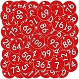 OFFCUP Gravierte Nummernschilder, 100 Stück Nummerierte Tags, Kunststoff Nummernschilder, Schlüsselanhänger Bienenstock-Etiketten mit Loch Viehbestand ID-Tags (Rot Nummer 1-100)