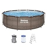 Bestway Steel Pro MAX Frame Pool-Set mit Filterpumpe Ø 366 x 100 cm, Rattan-Optik (Schokobraun), rund