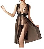 KNDSSMY Damen Sexy Dessous Nachtwäsche Tiefer V-Ausschnitt Vorne Schlitz Nachtwäsche Transparent Spitze Tüll Babydoll s Nachthemd Lang Übergröße Nachthemd Schwarz L