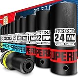 KIRXST 11-Tlg Schlagschrauber Nüsse Satz, Schlagnüsse 1/2 Zoll, 10-24mm Langnüsse Set, Kraft Stecknüsse mit 1/2' auf 1/4' Adapter für Pneumatische und Elektrische Schlagschrauber