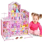 deAO Puppenhaus Traumhaus für Mädchen, Dollhouse Stadthaus mit Spielzeugfiguren und Möbelstücken Zubehör, Traumhaus Spielhaus DIY BAU Spielraum Puppen Spielzeug für Kinder ab 3 Jahren
