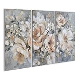 islandburner Bild auf Leinwand Wandbild mit blühenden Blumen in sanften neutralen Farben - 3-teilig