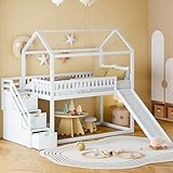 FEZTOY Etagenbett Kinderbett mit Rutsche und Treppe, Hochbett mit Stauraumleiter, Kinder Bett mit 1 Lattenrost, Spielbett, Juniorbett, Multifunktional, ohne matratze