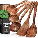 Holz Kochbesteck-Set, Pfannenwender Kochlöffel Rührlöffel Servierlöffel Salatgabel Schaumlöffel – 6-teiliges-Set – Kochgeschirr-Set Küchenset Küchenzubehör – hochwertig & nachhaltig