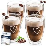 ElbFuchs® Latte Macchiato Gläser doppelwandig [4x 350ml] GESCHENKIDEE mit HERZ | Kristallklare Thermogläser doppelwandig | Ideal als Cappuccino Gläser | Kaffeegläser | Teegläser