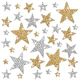 Tyqour 24 Stück Stern Aufbügelbilder Strass Sterne Aufnäher zum Aufbügeln Gold Silber Sterne Patches zum Aufbügeln 8/6/4/2cm Glitzer Stern Bügelbilder für Textilien T-Shirt DIY Rucksack Clothes Jeans