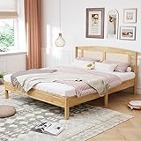 Doppelbett 160x200cm aus Kiefer & PE-Rattan, Robustes Rattanbett mit 15 Latten, Mittelfüßen und dekorativem Rattannetzkissen, natürliches Design für Jugend- und Erwachsenenschlafzimmer