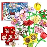 Adventskalender 2025 Blumen Bausteinen für Kinder,24 Tage Adventskalender,Weihnachtskalender mit 24 Pcs bunte Blumensträuße aus Bausteinen,Weihnachts Blumen Bauspielzeug Geschenk Jungen und Mädchen
