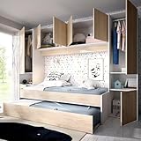Dmora - Kinderbett Venturosa, Komplettes Schlafzimmer mit Bridge-Kleiderschrank und Kommode, Komposition mit Bett und Einzelausziehbett, 303 x 97 x 203 cm, Eiche und Weiß