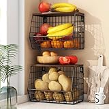 Mefirt Obstkorb Hängend 2 Etagere Obstkorb, Obstschale Hängekorb Küche, 2 Stück Küchen organizer Mit Holzdeckel Drahtkorb Stapelbar Wandmontierbar Zur Aufbewahrung Von Gemüse, Obst Und Snack