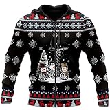 Weihnachtspullover Männer Full Zip Hoodie, 3D-Druck Raven Tattoo Sweatshirt, Langarm Angeln Pullover, leichte Jacken, Kapuzenpullover für Herren(Black Zip Hoodie,4XL)