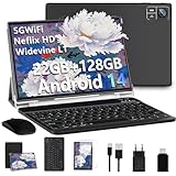 Tablets Android 14 10 Zoll 22 GB RAM + 128 GB ROM (1 TB TF), Octa-Core 2,0 GHz, 5 G + 2,4 G WiFi, Bluetooth 5.0, GPS, 8 MP + 5 MP, Widevine L1, Typ C, OTG, Cast, Tablet PC mit Hülle, Tastatur und