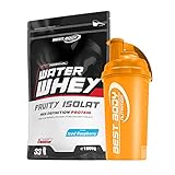 1 kg Best Body Nutrition Water Whey Fruity Isolate Molkenprotein + Protein Shaker (Iced Raspberry (Shaker orange))