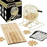 Kyto Großes Bingo Spiel Gold Metalltrommel 150 Chips, 75 Bingo Kugeln und Spielbrett aus Holz, 18 stabile Bingokarten + 500 Bingokarten Papier Erwachsene Kinder