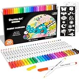 Shuttle Art 28 farbige Textilstifte, waschmaschinenfestes Textilstiftset mit 11 Vorlagen und 1 leeren Leinwand, Textilmarker, auf T-Shirts, Beutel, Kleidung, Sportschuhen, Jeans zur Verwendung
