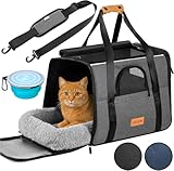 CADOCA® Transportbox Katzen bis 20kg faltbar Sonnen- und Regendach Schultergurt mit Napf Atmungsaktiv Komfortabel Wendekissen Haustier Katzenbox Tragetasche Hunde Auto Grau