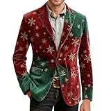 Generisch Weihnachtsmantel Herren Weihnachtsblazer Weihnachtsmotiv Weihnachtsjacken mit Taschen Weihnachten Herrenjacke Button Down Weihnachtsmann Mantel Retro Anzug Wintermode Langarm Freizeitjacke