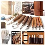 Bluvizo Schnitzwerkzeug Holz Schnitzset für Anfänger: Schnitzmesser Set 25-tlg. zum Schnitzen - HolzSchnitzset Carving Kit mit Anleitung, Handschuhe und Lindenholz für Erwachsene Geschenk