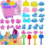 Sandspielzeug Set,34 STK Sandkastenspielzeug mit zusammenklappbarem Sandeimer und Sandburg-Kit,Meerestier,Dinosaurier-Sandform,Schaufelset,Netztasche,Strand Outdoor Spielzeug für Jungen Mädchen