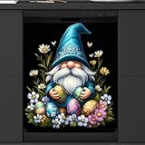 Frühlings-Ostereier-Zwerg auf schwarzem Geschirrspüler-Magnet-Aufkleber für Küchengeräte, Dekoration, wiederverwendbar, magnetische Kühlschrankabdeckungen, Kühlschrank-Aufkleber, 66 x 68 cm