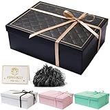 Geschenkbox mit Deckel 25 x 18 x 9 cm, Geschenkbox mit Schleifen, Grußkarten, Raffia Hamper Shreds für Hochzeit Geburtstag Weihnachten(Schwarz)