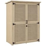 Outsunny 2-Regal-Gartenschrank mit Pfählen, Fichtenholzhaus mit Schrägdach, 127x65x159,5/168 cm, holzfarbig