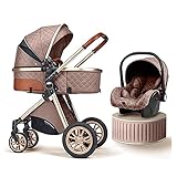 SAUNUOWL Kinderwagen Wagen Leichter Kinderwagen 3-in-1-Kinderwagen Stoßdämpfungsfedern High View Kinderwagen mit Regenschutz, Fußsack, Muttertasche, Moskitonetz (Color : Khaki)