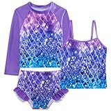 Belovecol 3-teiliger Badeanzug für Mädchen Langärmliger Rashguard Tankini-Set LSF 50+ lila Badeanzug 6-7 Jahre
