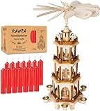 BRUBAKER Weihnachtspyramide inkl. 50er Pack Pyramidenkerzen Rot - Große 4-stöckige Holzpyramide mit Holz Figuren Handbemalt - 60 cm Pyramide Weihnachten - Drehbare Tischpyramide - Natur