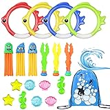 SelfTek 19 Stück Tauchringe für Kinder Set, Pool Spielzeuge Fisch Form Tauchringe Seetang Oktopus Tauchjuwel Spielzeug, Unterwasser Tauchen Spielset für Kinder Jungen Mädchen mit Drawstring Tasche