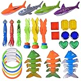 NATUCE 25Pcs Tauchspielzeug, Tauchen Spielzeug Tauchring, Schwimmbad Spielzeug Unterwasser Tauch Pool Spielzeug Set mit Tauchen Edelsteine Fisch Hai Tauchbälle für Kinder Jungs Mädchen