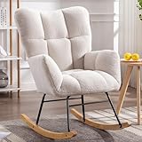 DEKKETO Schaukelstühle Teddystoff, Gemütlicher Teddy Sessel Zum Stillen, Relaxstuhl Stillsessel Schaukelstuhl Holz für Wohnzimmer Schlafzimmer, Bequeme Lesesessel für Kinderzimmer, Weiß
