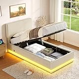 DRIXNO Polsterbett 90×200 cm, LED Jugendbett und USB-Ladefunktion, Funktionsbett Bettgestell mit Stauraum, Kinderbett, Einzelbett, Höhenverstellbarem Kopfteil, Cord-Stoff, Ohne Matratze, Beige